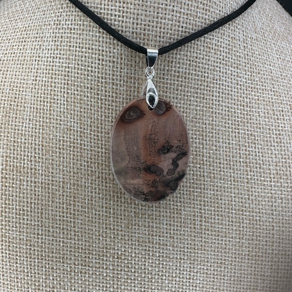 Oval Red Flower Picture Jasper Pendant on Black Satin Rope - Picture 5 of 13